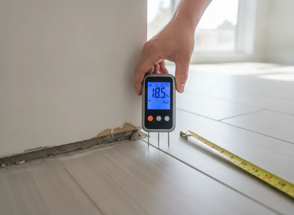Moisture meter reading on a wet wall