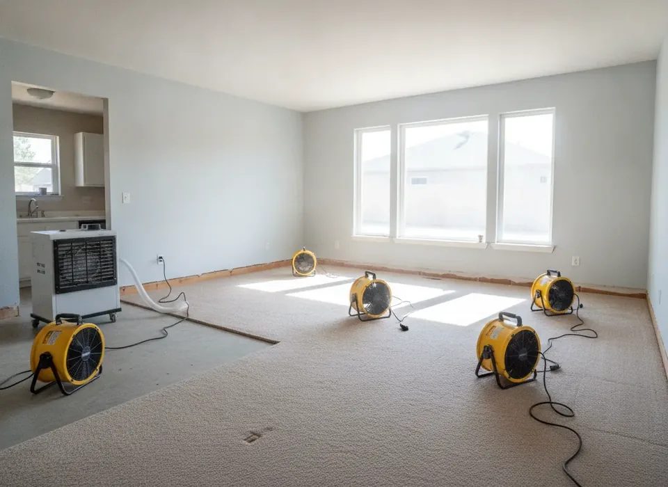 Air movers and a dehumidifier drying a living room