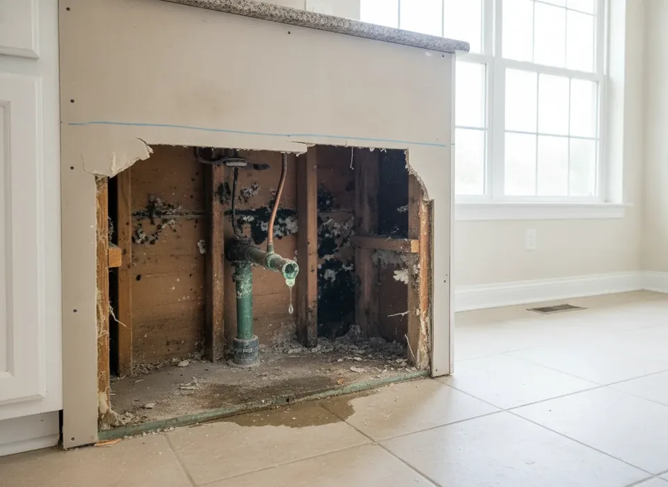 Mold behind cut-open drywall under a kitchen sink