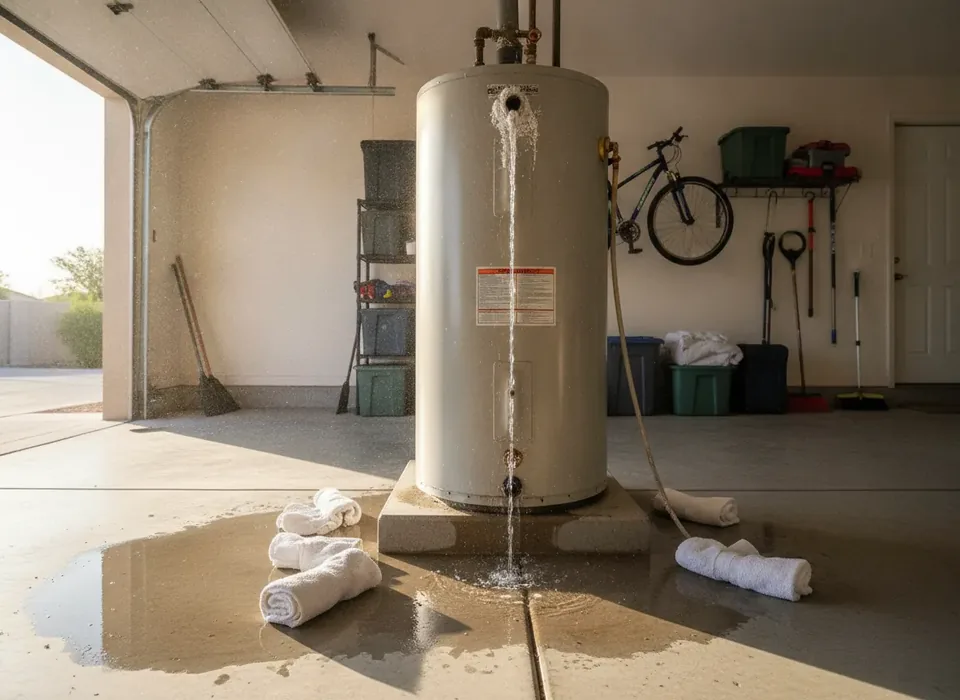 Leaking water heater with scale buildup in a garage
