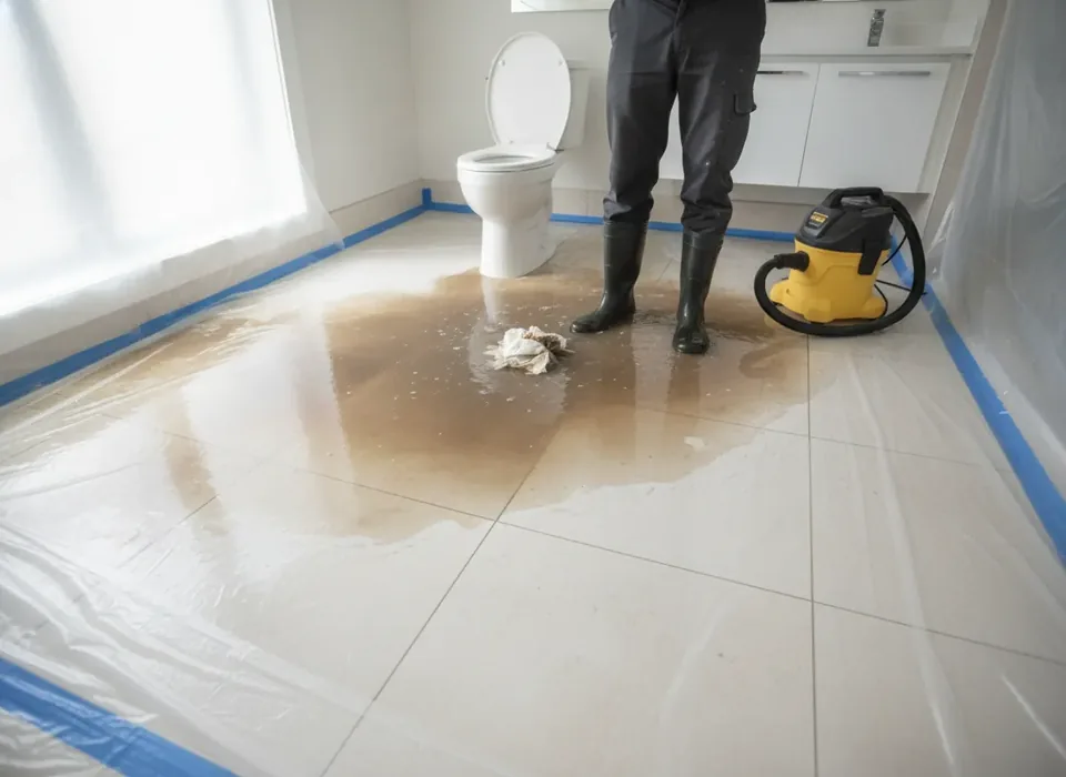 Sewage backup on a bathroom tile floor